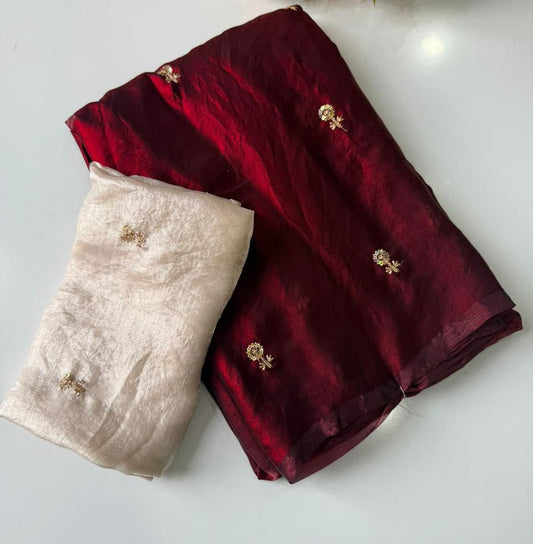 Multi sequence embroidery on dual shade satin